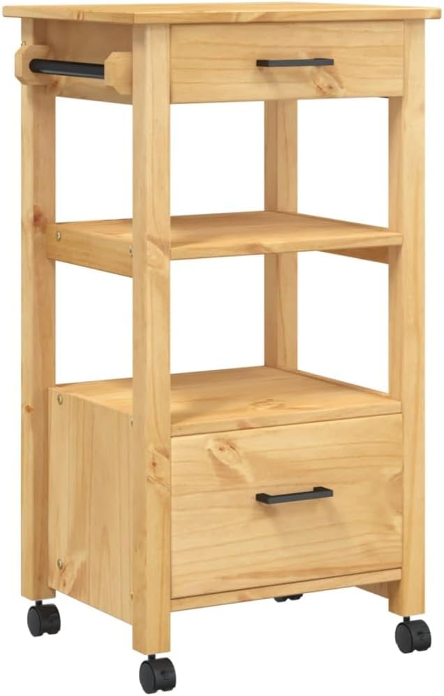 Kitchen Trolley Monza Rolling Kitchen Island Cart with Storage, Portable Dining Room Serving Utility Carts, Brown 18.9" x 15.7" x 35.4" Solid Wood Pine KH72A