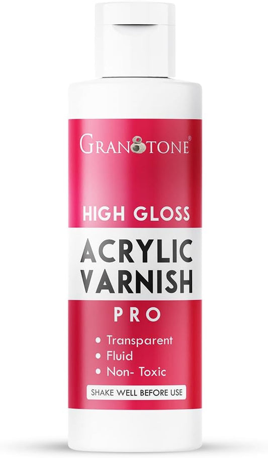 GRANOTONE Acrylic Artist's Varnish | High Gloss Finish | Non-Yellowing | Non-Toxic | Anti-Crazing | for Pro Artists, Hobby Painters & Kids | Made in India | 100 ML (3.38 fl oz)