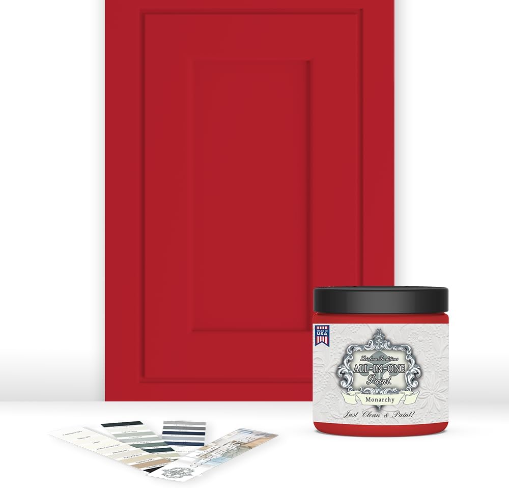 ALL-IN-ONE Paint, Durable cabinet and furniture paint. Built in primer and top coat, no sanding needed. Includes our 30 featured color card - Monarchy (primary red), 8oz Sample