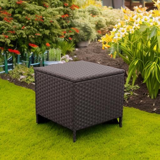 Outdoor Wicker Storage Side Table, Patio Brown PE Rattan End Table with Storage, Square Container for Furniture Covers, Toys, and Gardening Tools