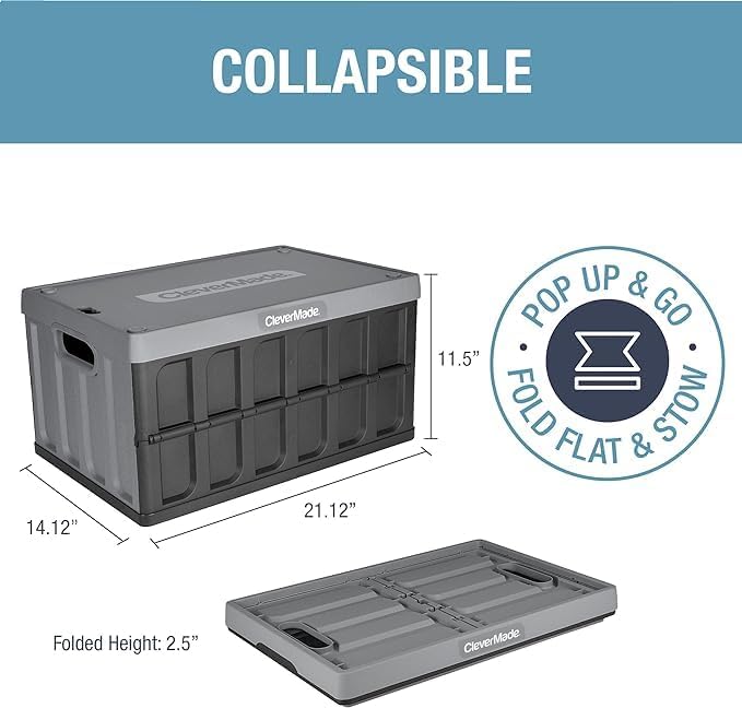 CleverMade Collapsible Storage Bins with Lids - Stone 3 Pack 46L - Plastic Containers Stackable Organization Crates Home Closet Space-Saving Durable