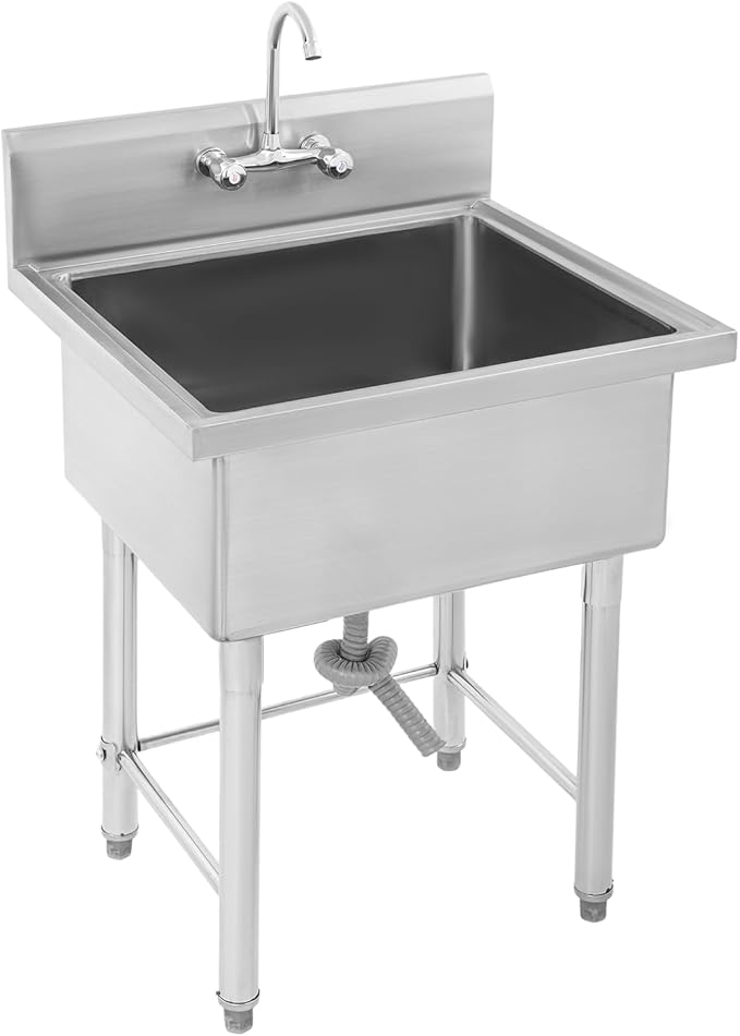 Commercial Sink with Cold & Hot Faucet, Freestanding Single Bowl Kitchen Utility Sink Stainless Steel Outdoor for Home Hotel Garage Garden Bar Restaurant (24X24X41in)
