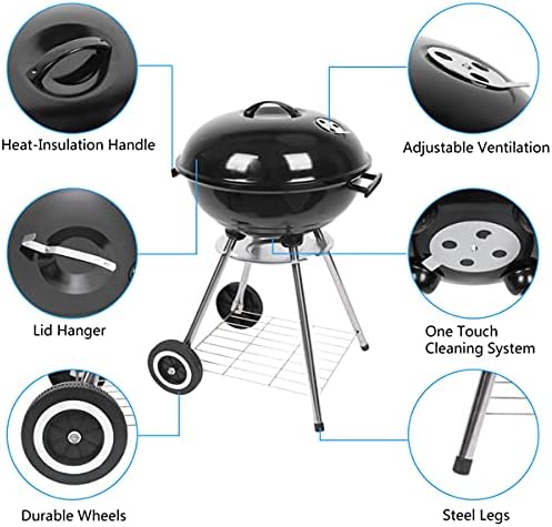 18 Inch Portable Charcoal Grill with Wheels and Lid, Outdoor BBQ Kettle Grill for Camping, Backyard, Tailgating and Picnic, Enamel Coated Charcoal Smoker with One-Touch Cleaning System and Air Vents