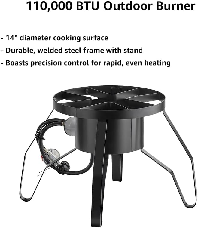 Portable Gas Stove with Hose Guard, Steel Heavy Duty Single Burner Outdoor Patio Stove, Tank Cooker Perfect for Deep Frying or Steaming, Turkey Fry, Catered Events, Camping, Range - 110,000 BTU