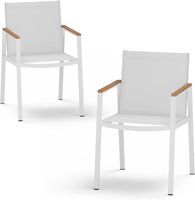 Outdoor Dining Chairs Set of 2, Aluminum Patio Dining Chairs with Textilene Fabric & HDPS Armrest for Ergonomic Design, All-Weather Outdoor Furniture for Garden and Indoor, White