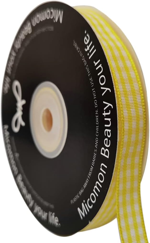 Yellow and White Gingham Plaid Checked Ribbon 25 Yards Per Roll Checkerd Craft 100% Polyester (3/8", Yellow)