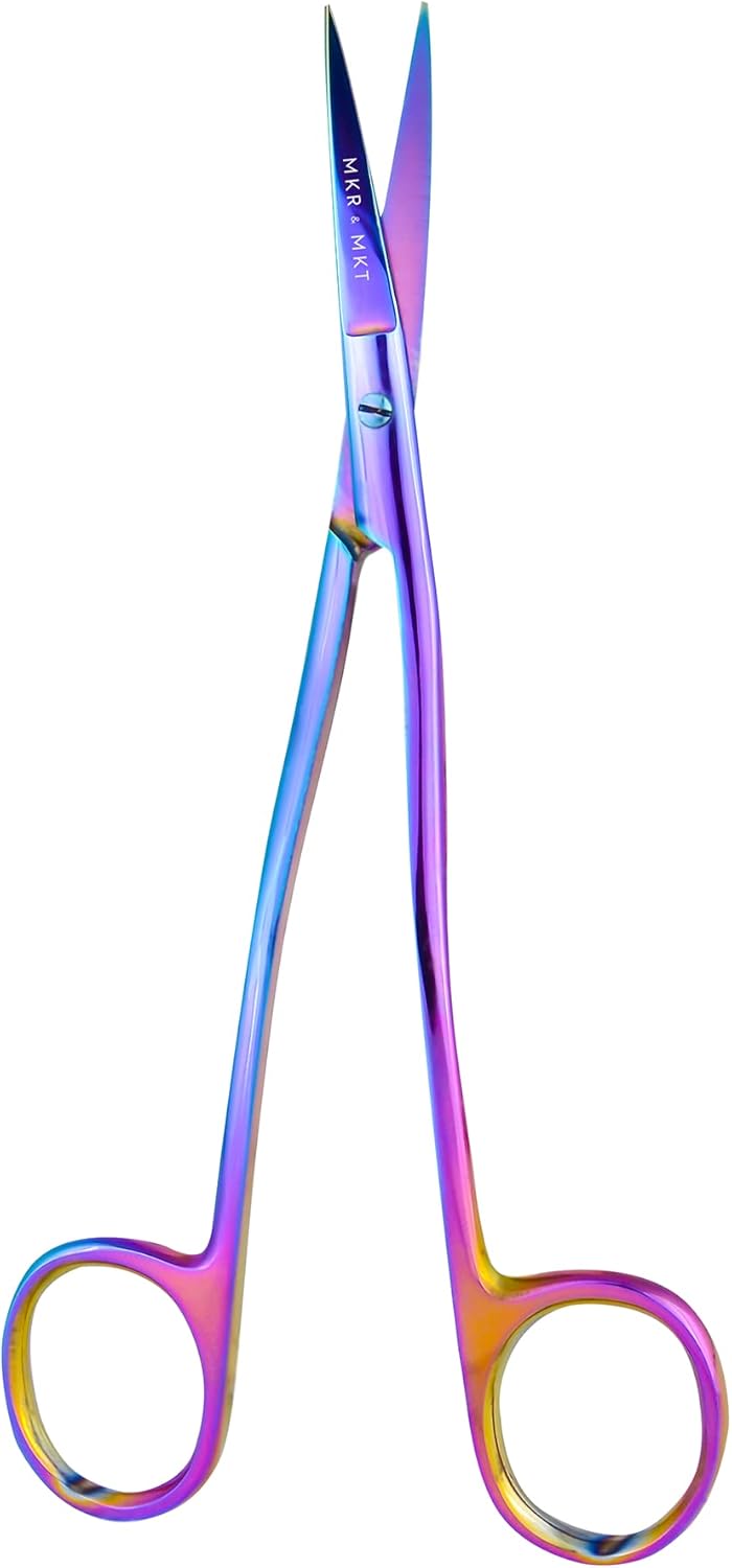 Applique Long Thin Needlepoint Blade 6.1 Inch - Double Bent Curved Offset Handle Scissors with Pouch Sleeve for Embroidery, Fabric, Thread, Knitting, Sewing, Arts & Craft (Rainbow)