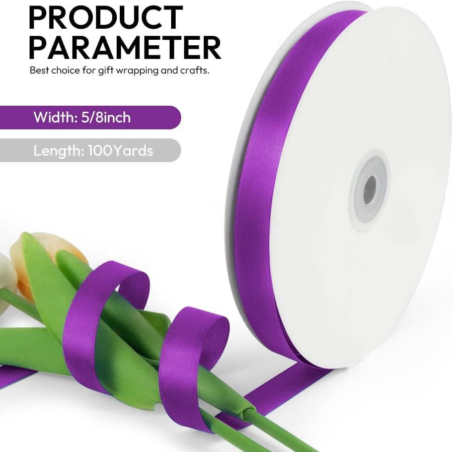 5/8 Inch 100 Yards Satin Ribbon Purple, Solid Color Fabric Ribbon for Gift Wrapping, Wedding, Polyester Gift Ribbon for Birthday Party Decoration, Craft, Hair, Floral, Sewing