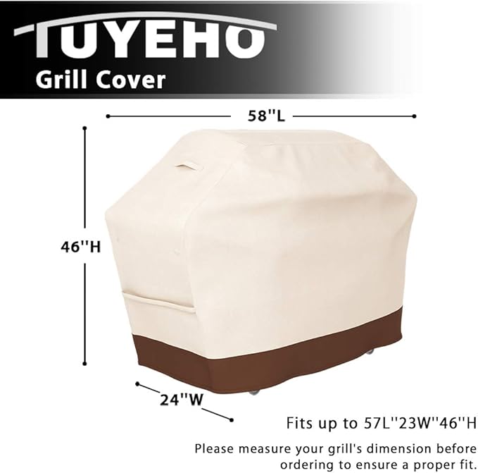 Tuyeho Grill Cover 58 x 24 x 46 inch, 600D Heavy Duty Gas BBQ Cover w/Side Fasteners Straps, Waterproof & Weather Resistant for Your Weber, Char-Broil, Brinkmann, Holland, Jenn Air (Beige & Brown)