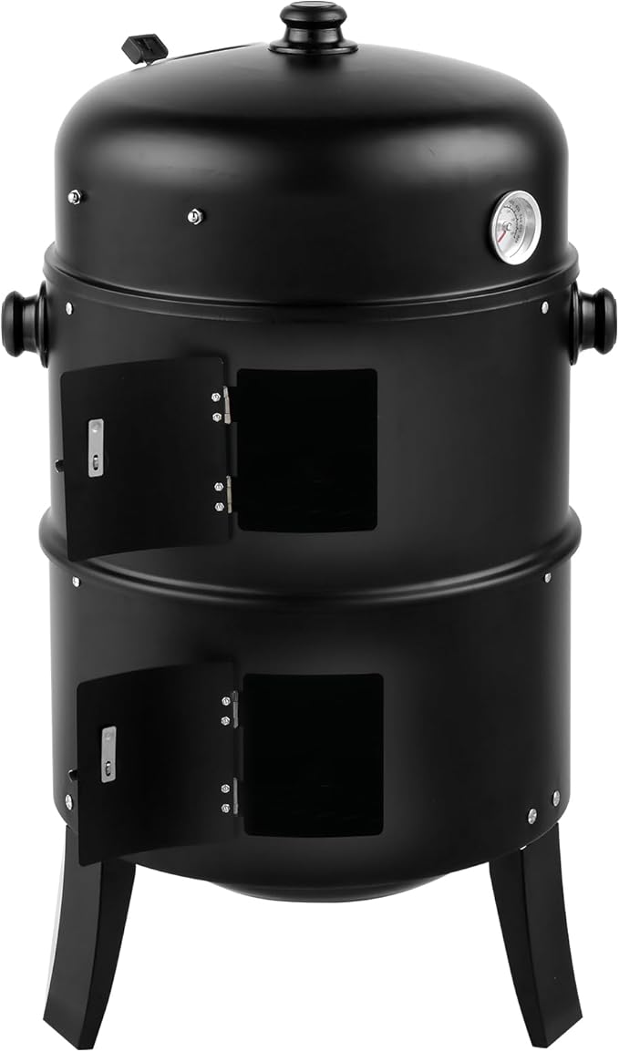 3-in-1 Vertical Charcoal Smoker Grill - Heavy Duty Portable Outdoor BBQ with Smoking Function, Built-in Thermometer, Air Vent & 2 Access Doors for Backyard Parties, Camping