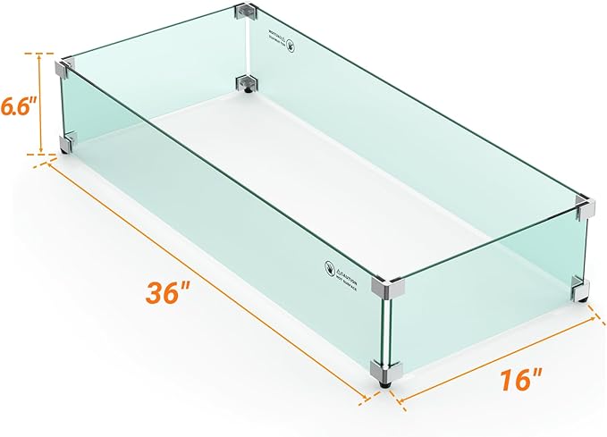 Skyflame 36" X 16" Rectangular Fire Pit Glass Wind Guard Replacement for Outdoor