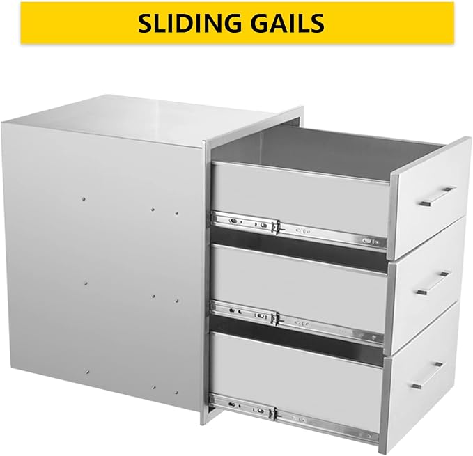 TIANAI Outdoor Kitchen Drawer 14" W x 21" H x 21" D Stainless Steel BBQ Drawer with Exquisite Handle Three-Opening Drawer for Embedded Installation