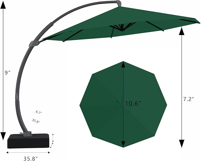 7 Piece Patio Dining Set with 11ft Patio Umbrella (Dark Green), 7 Gray Outdoor HDPE Dining Set with 6 Chairs + 1 Large Table, for Market, Pool, Garden, Backyard, Deck