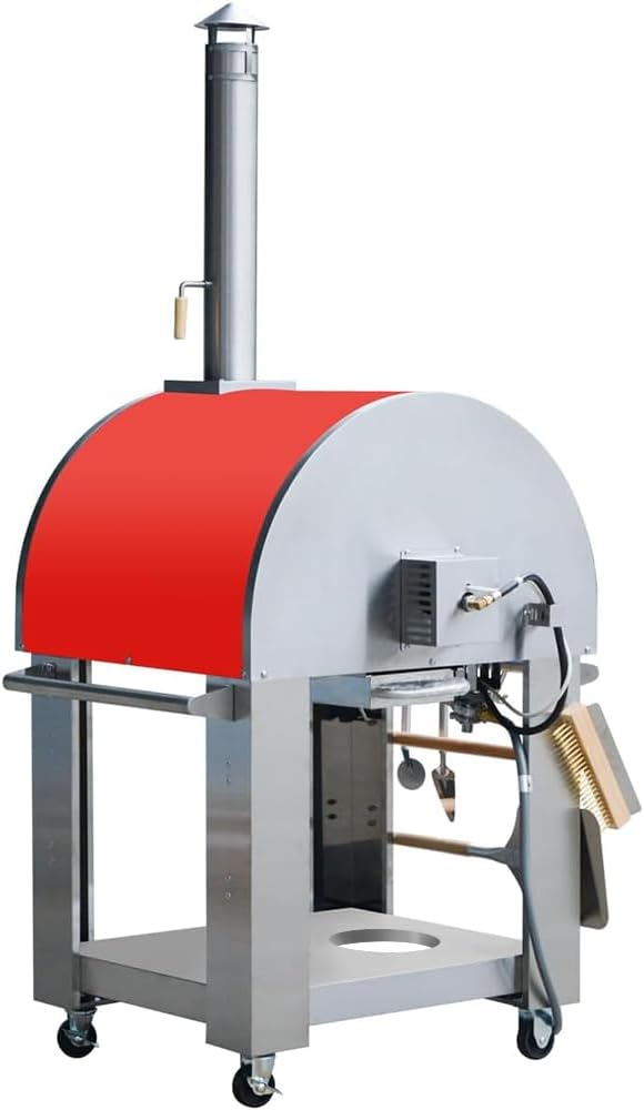 KOSTCH 32.5 inch Wood Fired and Propane Gas Pizza Oven for Outdoor Kitchen in Stainless Steel, Large Pizza Oven for Outside, Yard and Party (Red with Cover)