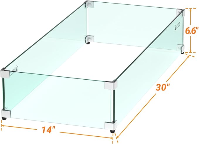 Skyflame 30 x 14 Inches Rectangular Fire Pit Glass Wind Guard for Outdoor