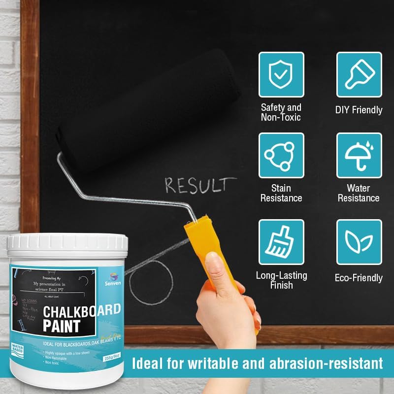 Chalkboard Paint Black Chalk Board Paint for Wood, Metal, Glass, Wall, Plaster Boards Sign, Frame Any Surface Black Matte Finish, Acrylic Non-Toxic, Quick-Dry - 250g, 9oz, Cover 35 sf