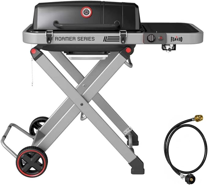 Portable Propane Gas Grill with Folding Cart & 13000 BTUs Burner, 360 Sq. In. Cast Iron Cooking Grates, Side Table, 8" Wheels, Stainless Grease Tray, Black Includes Propane Adapter Hose.