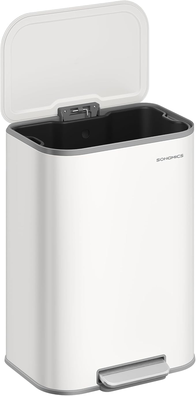 SONGMICS Kitchen Trash Can, 13-Gallon (50 L) Garbage Can with Lid, Stainless Steel, Soft Close and Stays Open, Inner Bucket, Wide Non-Slip Pedal, Cloud White ULTB547W01