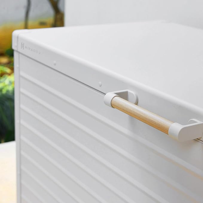 MIRADOR 281 Gallon Outdoor Storage Box Waterproof, Metal Deck Box with wheels for Patio Furniture, Garden Tools, Outdoor Cushion, Latte