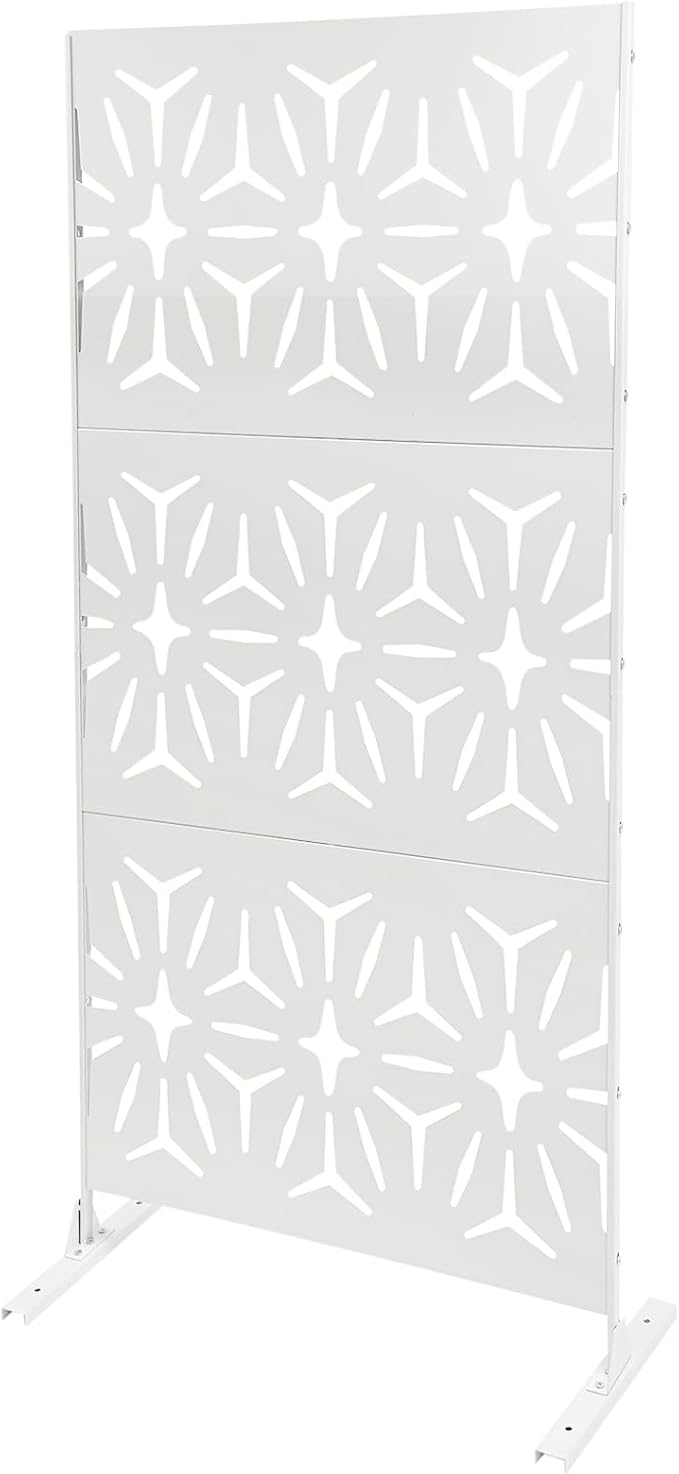 75" H×35" W Decorative Outdoor Privacy Screen with Stand, Outdoor Decor Privacy Fence Screen Metal Fence Panels, Free Standing Metal Divider for Patio Lawn Deck (White-Small Rhombus)
