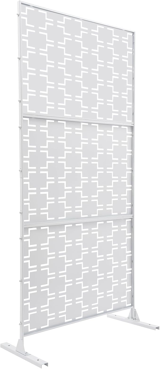 Outdoor Metal Privacy Screen with Stand, 35.4" W x 75" H Freestanding Metal Slatted Decorative Privacy Screen and Panels for Patio Garden Balcony Porch (White Rectangular)