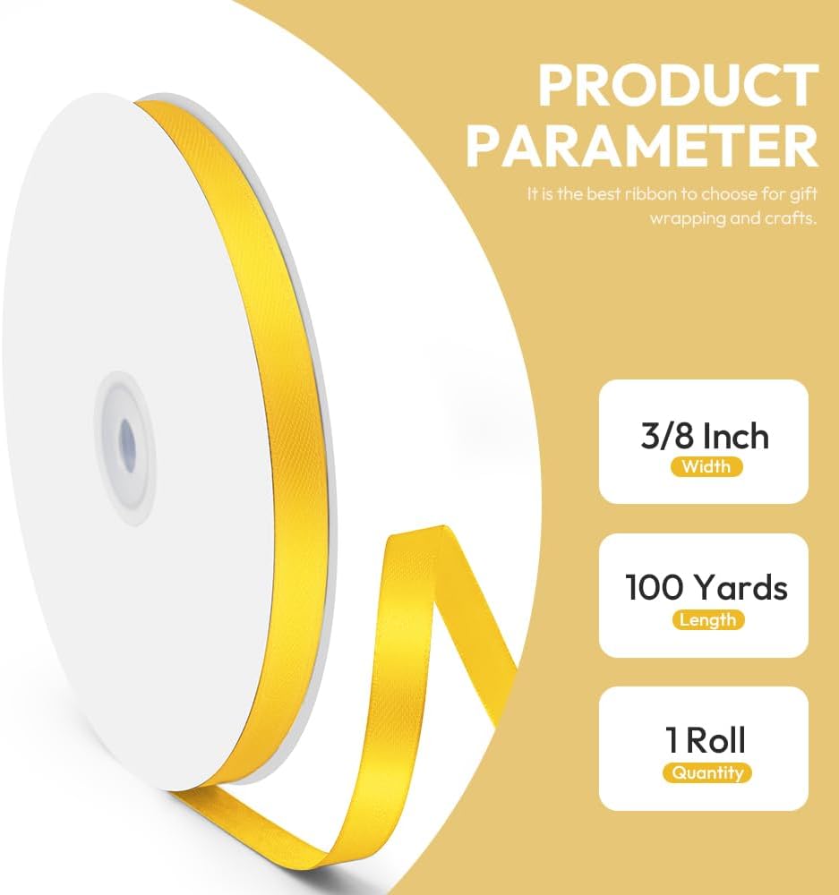 3/8" x 100 Yards Satin Ribbon - Yellow Silk Ribbon with Spool - Ideal for Gift Wrapping, Floral Bouquets, Crafts, Wedding Party Decorations, Christmas and Sewing Projects