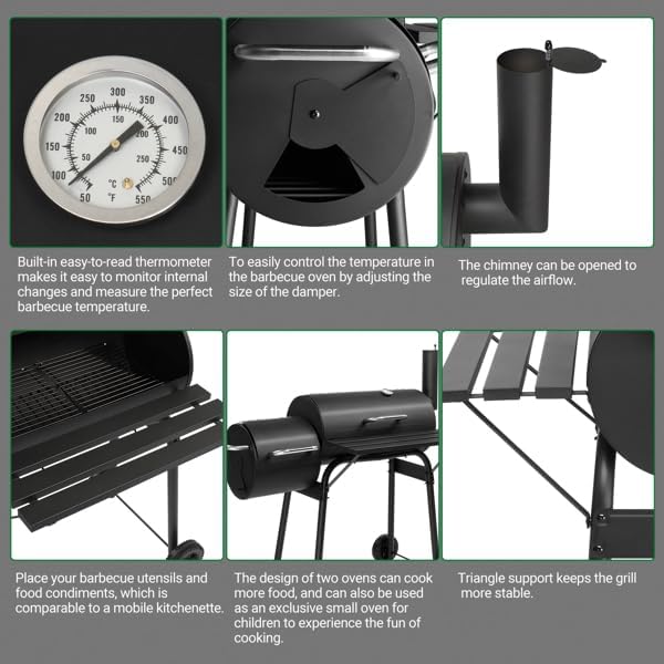 Heavy Duty Barrel Charcoal Grill with Offset Smoker, All Metal Outdoor BBQ Smoker with Front Work Table and Wheels, Portable Barbecue Grill for Backyard Garden Patio Camping Cooking, 43.7" Wide