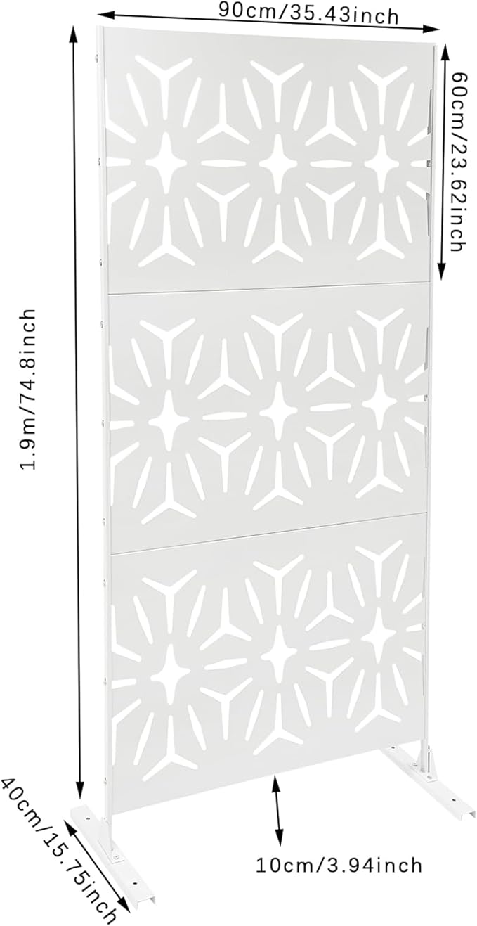 75" H×35" W Decorative Outdoor Privacy Screen with Stand, Outdoor Decor Privacy Fence Screen Metal Fence Panels, Free Standing Metal Divider for Patio Lawn Deck (White-Small Rhombus)
