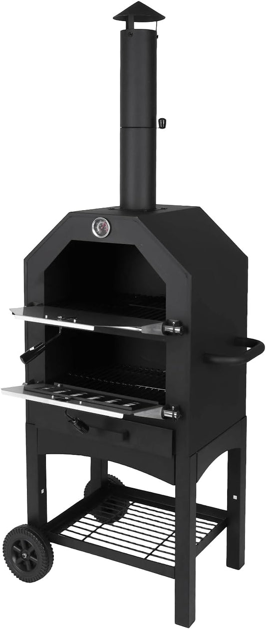 2-Tier Freestanding Charcoal Pizza Oven Stone and Shovel Large Wood Fired Pizza Oven for Backyard Camping Tailgating