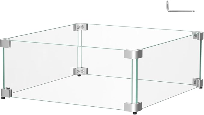 16" x 16" x 6" Glass Wind Guard for Propane Gas Fire Pit Table, Square Thick Tempered Glass Shield, Firepit Glass Barrier with Aluminum Corner Bracket & Rubber Feet