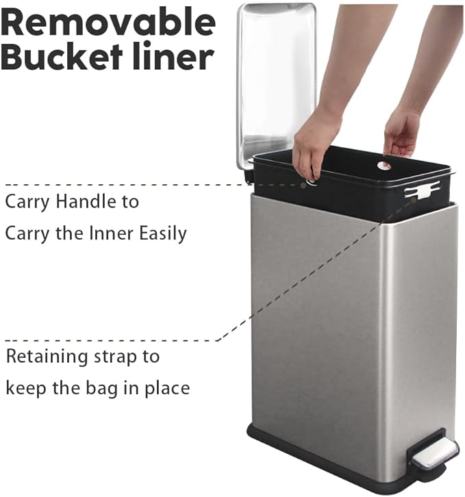 Bathroom Bin 17L, Kitchen Bins Small Trash Can with Soft Close Lid,Slim Pedal Bin with Removable Inner Bucket for Home,Bathroom,Kitchen,Bedroom,and Office.Grey