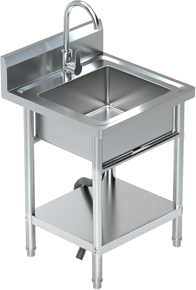 Free Standing Stainless-Steel Single Bowl Commercial Restaurant Kitchen Sink Set W/Hot and Cold Faucet, for Kitchen and Bathroom Farmhouse Style