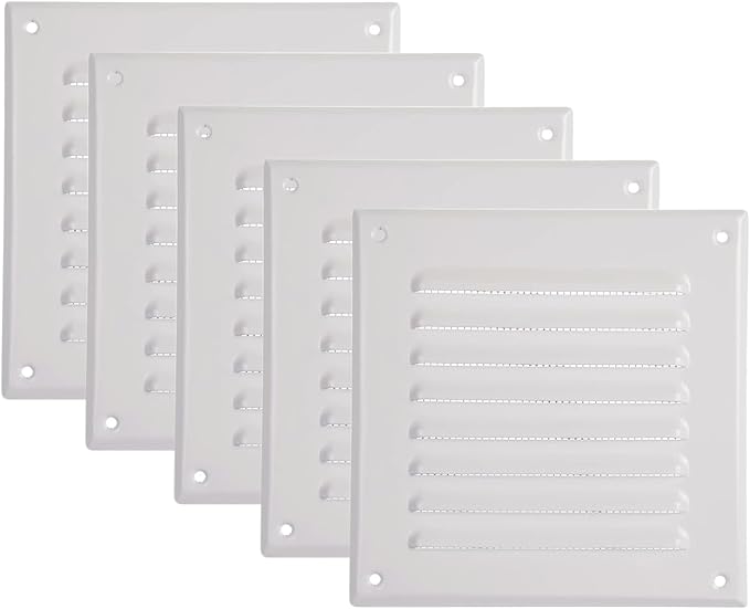 Vent Systems - 5 x 5 Inch (Inner) Pack of 5 White Metal Square Soffit Air Vent Grille Cover, Register Vent Deflector Louver Built-in Mesh HVAC for Bathroom Home Office Kitchen 6.5" x 6.5" (Outer)