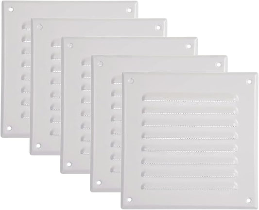 Vent Systems - 5 x 5 Inch (Inner) Pack of 5 White Metal Square Soffit Air Vent Grille Cover, Register Vent Deflector Louver Built-in Mesh HVAC for Bathroom Home Office Kitchen 6.5" x 6.5" (Outer)