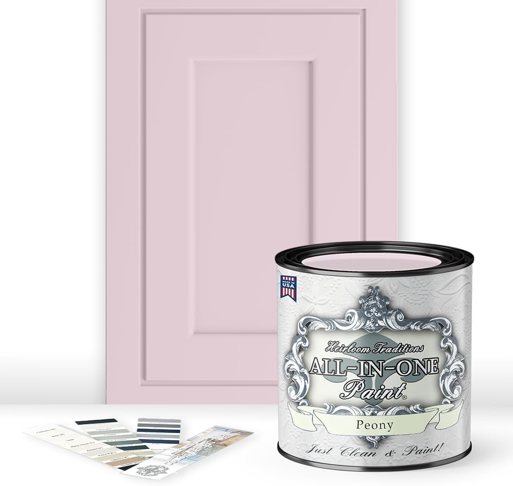 ALL-IN-ONE Paint, Durable cabinet and furniture paint. Built in primer and top coat, no sanding needed. Includes our 30 featured color card - Peony (pale pink), Quart