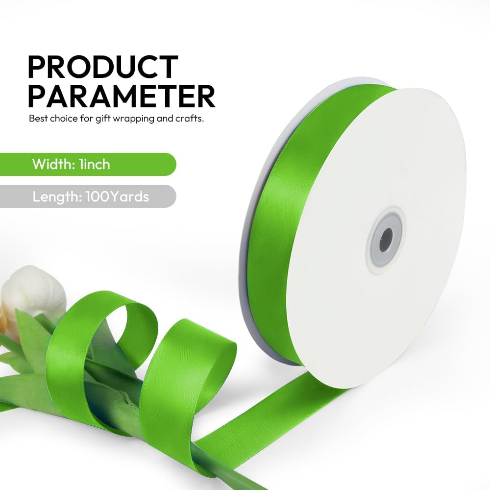 1 Inch 100 Yards Satin Ribbon Apple Green, Solid Color Fabric Ribbon for Gift Wrapping, Wedding, Polyester Gift Ribbon for Birthday Party Decoration, Craft, Hair, Floral, Sewing