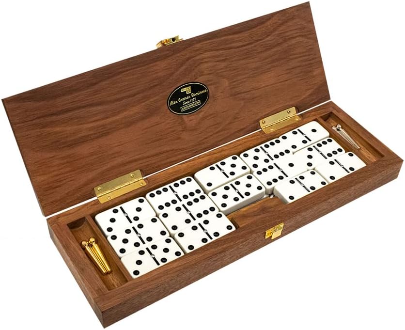 Alex Cramer Le Club Luxury Domino Set with Handcrafted Walnut Case and Cribbage/Counter Top - Tournament Quality 28 Indestructible (Domino Spinner Set with Brass Plate)