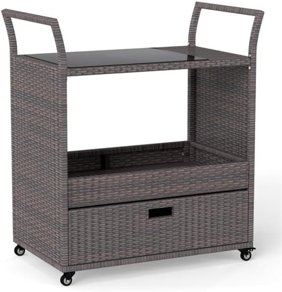 Outdoor Wicker Bar Cart with Drawer, PE Rattan Serving Trolley with Glass Top & Wheels, Mobile Beverage Station for Patio Garden Backyard Poolside, Brown