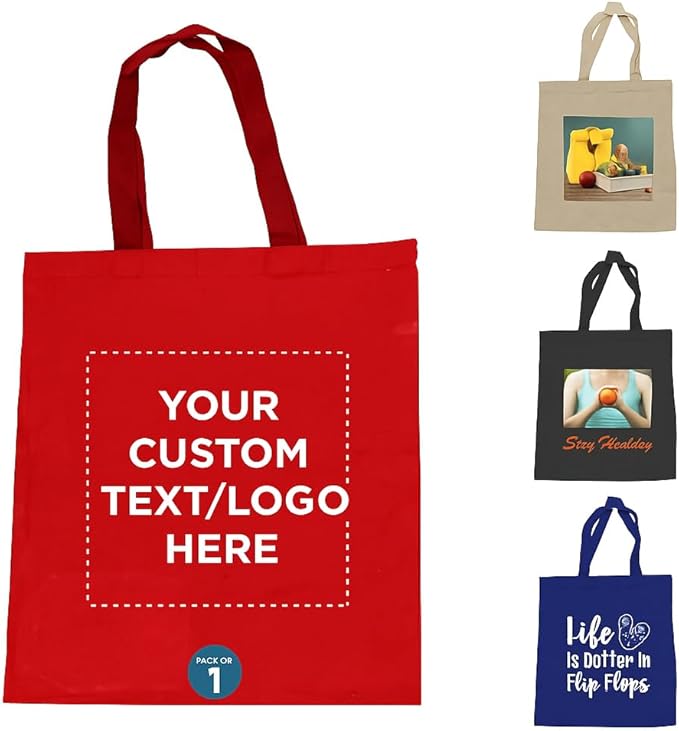 DISCOUNT PROMOS Custom Cotton Canvas Tote Bags Set of 1, Personalized Text, Logo, Picture - Reusable, Great for Shopping, Grocery, Beach, Picnic, Wedding Favors - Red