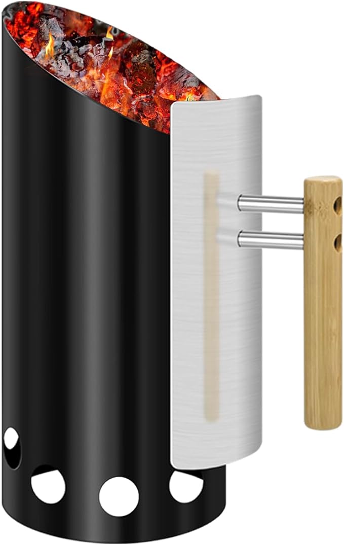 Color Box Charcoal Chimney Starter 6.25X14.5 H Natural Restoration Doubel Enamel firepit Starter,High-Temperature Resistant Carbon Cylinder,Large Capacity, Heat Shield, Wooden Handle