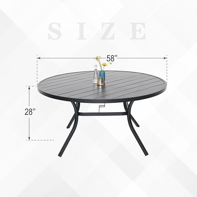 58" Patio Outdoor Round Table for 8 Person, All Weather Metal Black Round Patio Dining Table with Adjustable Umbrella Hole