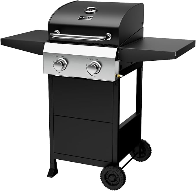 ROVSUN 2-Burner Propane Gas BBQ Grill with Foldable Side Tables & Enameled Cast Iron Grates, 24,000 BTU Barbecue Grill with Portable Wheels for Outdoor Patio Backyard Cooking Grilling, Black