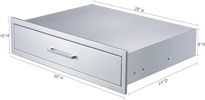 Outdoor Kitchen Single Drawer Stainless Steel BBQ Enlarger -30" W x 10" H x 23" D Enclosed Built-in Drawer Flush Mount for Outdoor Kitchens & BBQ Islands