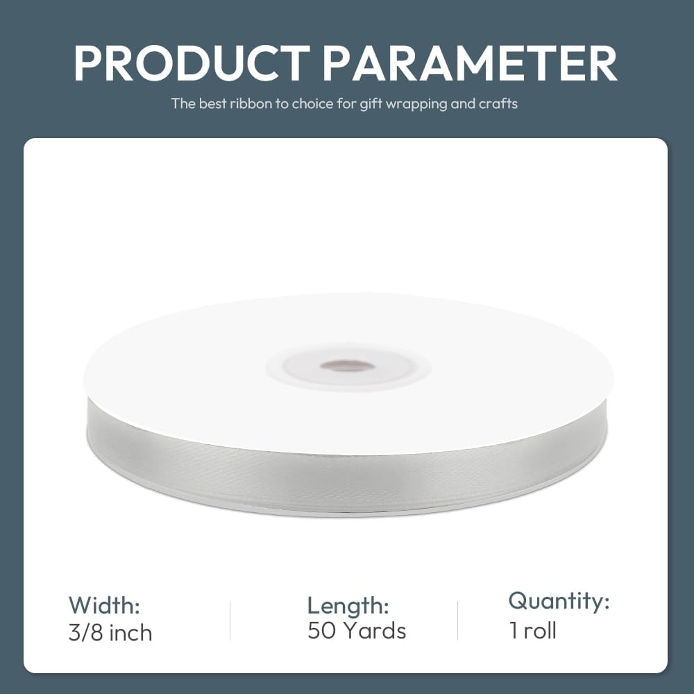 KMER LIFE 3/8" Wide x 50 Yards Silvery Polyester Satin Ribbon, Perfect for Wedding Decor, Crafts, Gift Wrapping & Other Projects