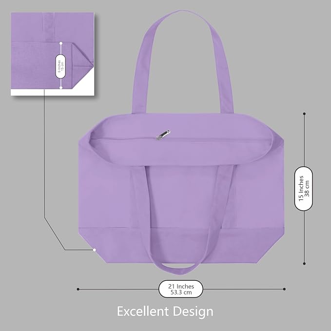 TOPDesign 3-Pack Canvas Tote Bags with an External Pocket, Reusable Grocery Shopping Bags, Top Zipper Closure, Daily Essentials (Lavender)