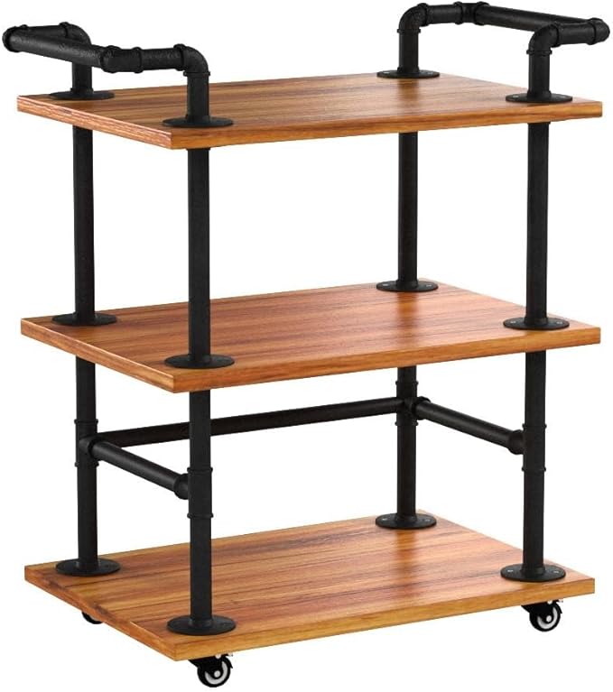 Industrial Pipe Bar Carts/Serving Carts/Kitchen Carts/Wine Rack Carts on Wheels with Shelves - Wood Rolling Carts - Wine Tea Liquor Shelves/Holder - Home Furniture