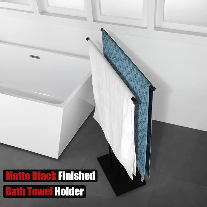 JQK Bath Towel Holder Stand Black, 30 Inch Free Standing Double Towel Rack Shelf for Bathroom Floor, Matte Black, BTH100L30-PB