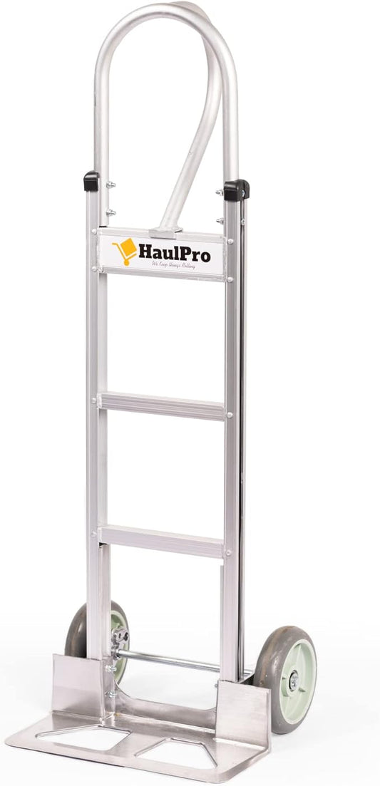 HaulPro Heavy Duty Hand Truck with Vertical Loop Handle - Aluminum Carts with Wheels - 500 Pound Capacity - 8" Wheels 52.25" H x 17.5" W with 17.75" x 9.5" Diecast Nose Plate