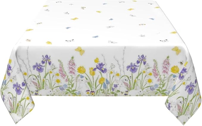 Spring Easter Tablecloth 60 x 60 Inch Square, Bunny Colorful Flower Butterfly Decorative Tablecloths Stain Resistance Polyester Rabbit Floral Table Cloth for Holiday Parties Kitchen Dining