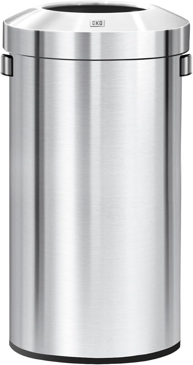 EKO 32-Gallon Round Stainless Steel Open Top Trash Can, Large Commercial Waste Bin with Detachable Lid and Carrying Handle, Brushed Metal Garbage Bin for Home, Office, Restaurant, Restroom